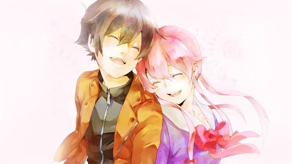 Обои на рабочий стол Юно Гасай / Yuno Gasai и Юкитеро Амано / Yukiteru Amano из аниме Дневник Будущего / Mirai Nikki