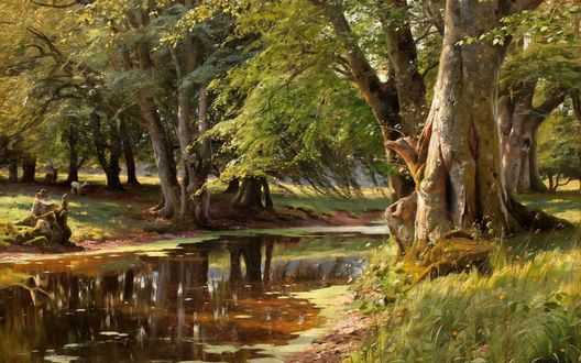 Обои на рабочий стол Речка, проходящая около деревьев, художник Peter Mork Monsted
