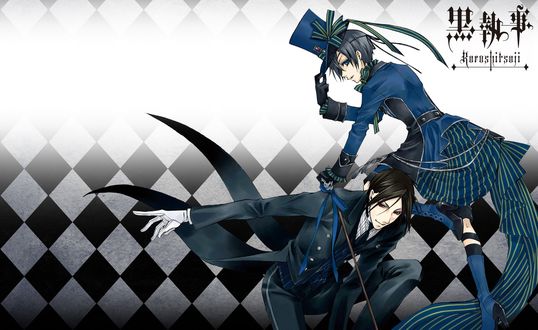 Обои на рабочий стол Сиэль Фантомхайв / Ciel Phantomhive и Себастьян Микаэлис / Sebastian Michaelis из аниме Темный Дворецкий / Kuroshitsuji