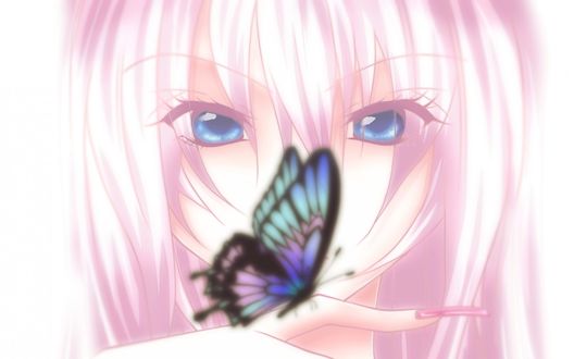 Обои на рабочий стол Vocaloid Megurine Luka / Вокалоид Мегурине Лука смотрит на бабочку, севшую на палец
