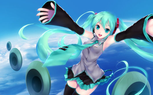 Обои на рабочий стол Vocaloid Hatsune Miku / Вокалоид Хатсунэ Мику в небе над облаками (художник Cait)
