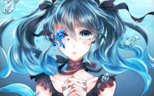 Обои на рабочий стол Vocaloid Hatsune Miku / Вокалоид Хатсуне Мику с цветком на лице стоит под водой