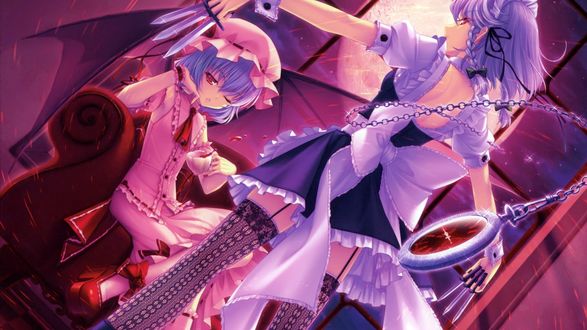 Обои на рабочий стол Izayoi Sakuya в форме горничной с ножами в руках стоит перед Remilia Scarlet, сидящей в кресле, игра Touhou Project