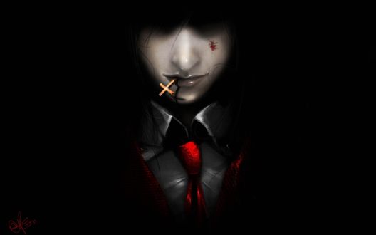 Обои на рабочий стол Alukard / Алукард из аниме Хеллсинг / Hellsing с крестиком во рту
