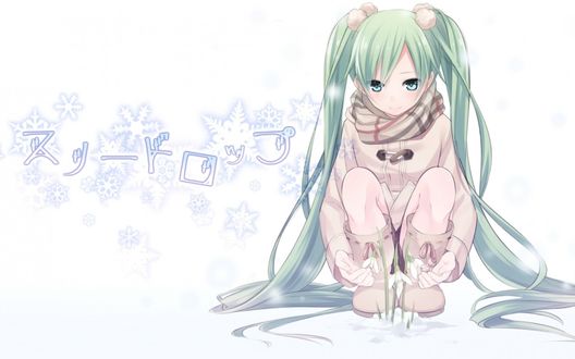 Обои на рабочий стол Vocaloid Hatsune Miku / Вокалоид Хатсуне Мику сидит на корточках и смотрит на подснежник