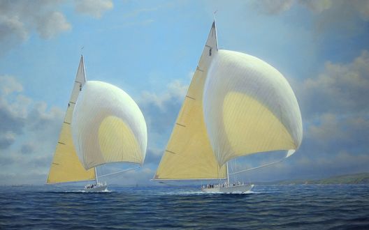 Обои на рабочий стол Два парусника в море, художник Тим Томпсон / Tim Thompson