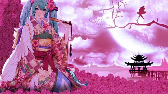 Обои на рабочий стол Vocaloid Hatsune Miku / Вокалоид Хатсуне Мику в кимоно сидит среди множества цветов на фоне дома и полной луны