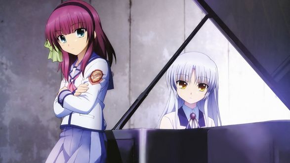 Обои на рабочий стол Yuri Nakamura и Kanade Tachibana за роялем из аниме Angel Beats / Ангельские Ритмы