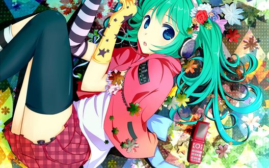 Обои на рабочий стол Vocaloid Hatsune Miku / Вокалоид Хатсуне Мику лежит на полу, рядом лежит телефон