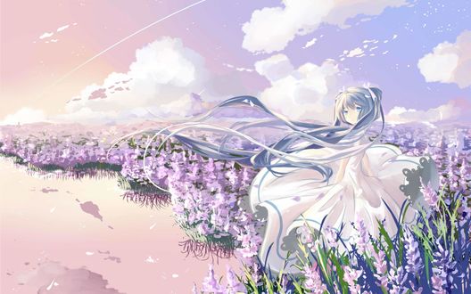 Обои на рабочий стол Vocaloid Hatsune Miku / Вокалоид Хатсуне Мику в белом платье стоит на берегу водоема среди цветов