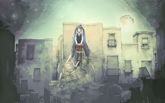 Обои на рабочий стол Vocaloid Hatsune Miku / Вокалоид Хатсуне Мику сидит на куче стульев напротив дома
