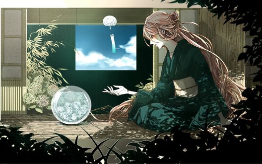 Обои на рабочий стол Vocaloid IA / Вокалоид Йа, одетая в кимоно, протягивает руку к круглому предмету, похожему на аквариум