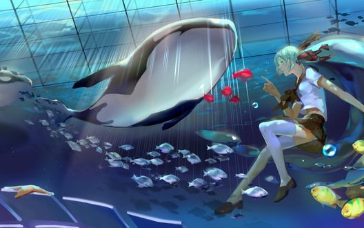 Обои на рабочий стол Vocaloid Hatsune Miku / Вокалоид Хатсуне Мику находится под водой среди рыбок