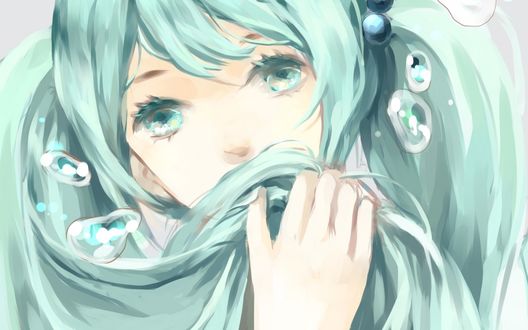 Обои на рабочий стол Vocaloid Hatsune Miku / Вокалоид Хатсуне Мику приложила волосы к лицу