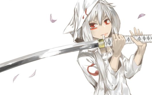 Обои на рабочий стол Вокалоид Йоване Хаку / vocaloid Yowane Haku с катаной в руках