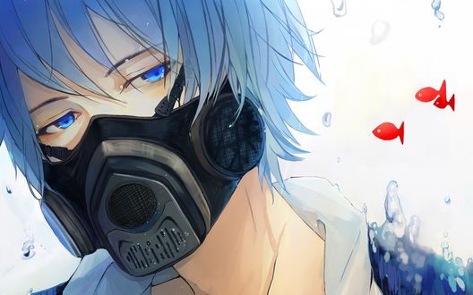 Обои на рабочий стол Vocaloid Shion Kaito / Вокалоид Шион Кайто в противогазе на лице находится под водой