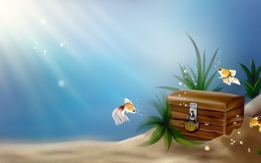 Обои на рабочий стол На морском дне стоит деревянный сундук с сокровищами пиратов, закрытый на огромный замок, вокруг него плавают любопытные рыбки