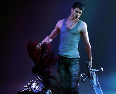 Обои на рабочий стол Dante / Данте из игры Devil May Cry с мечом в руках держит за крыло поверженного демона
