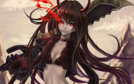 Обои на рабочий стол Black Gold Saw / Черно-золотая Пила из аниме Стрелок с Черной Скалы / Black Rock Shooter