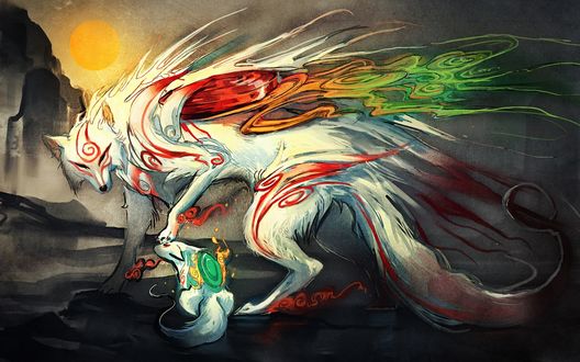 Обои на рабочий стол Волчица Аматерасу / Amaterasu гладит своего детеныша лапой по голове