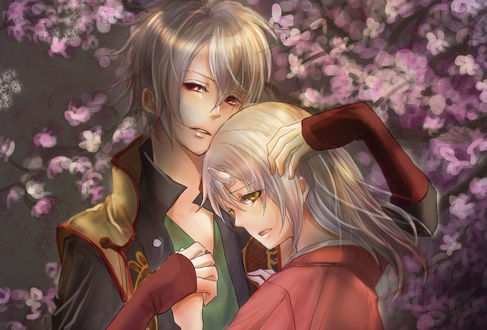 Обои на рабочий стол Okita Sougo обнимает Yukimura / Юкумуру Чизиру, стоя на фоне цветущей сакуры, из аниме Hakuoui / Демоны сакуры