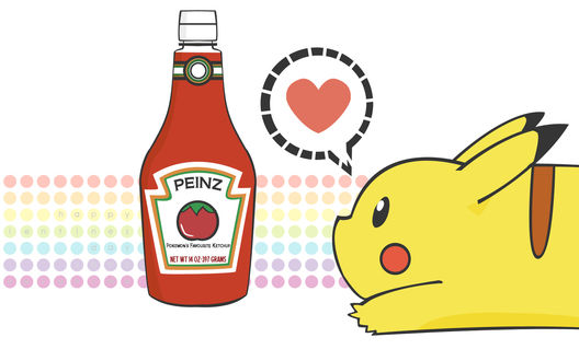 Обои на рабочий стол Пикачу / Pikachu из аниме Покемон / Pokemon смотрит с любовью на бутылку кетчупа
