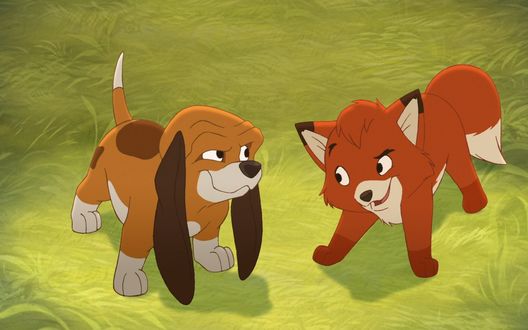 Обои на рабочий стол Щенок и лисенок из мультфильма Лис и пес / The Fox and the Hound