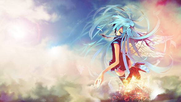Обои на рабочий стол Vocaloid Hatsune Miku / Вокалоид Хатсуне Мику с крыльями ангела стоит на фоне неба