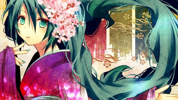 Обои на рабочий стол Vocaloid Hatsune Miku / Вокалоид Хатсуне Мику в кимоно протягивает руку