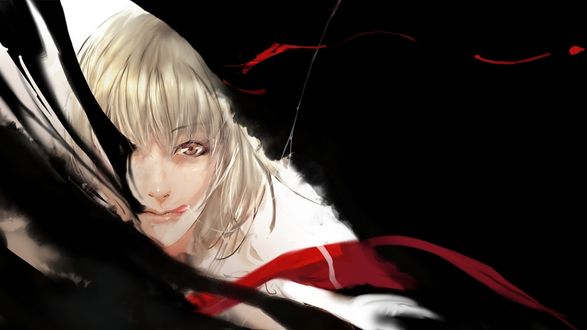 Обои на рабочий стол Rumia выглядывает из черного дыма, высунув язык, из игры Проект Восток / Touhou