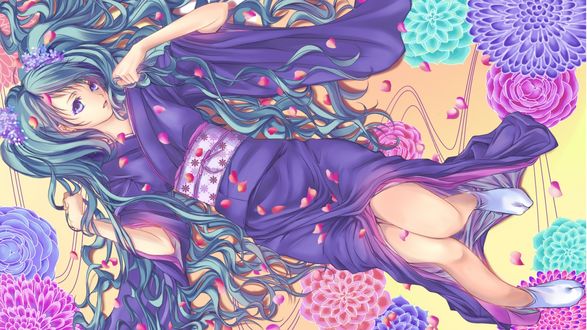 Обои на рабочий стол Vocaloid Hatsune Miku / Вокалоид Хатсуне Мику в кимоно лежит среди множества разных цветов