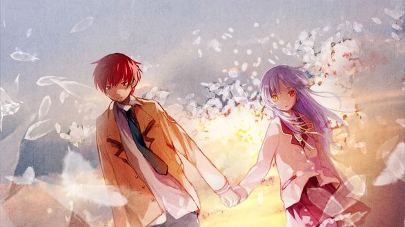 Обои на рабочий стол Yuzuru Otonashi и Kanade Tachibana взявшись за руки стоят на фоне разноцветного неба из аниме Ангельские ритмы / Angel beats