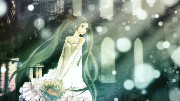 Обои на рабочий стол Vocaloid Hatsune Miku / Вокалоид Хатсуне Мику в белом платье стоит держа в руках корзинку с цветами