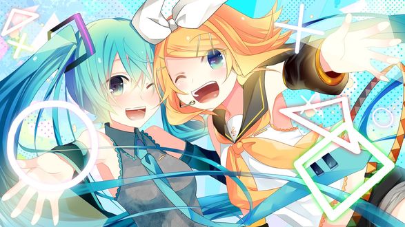 Обои на рабочий стол Vocaloid Hatsune Miku & Rin Kagamine / Вокалоид Хатсуне Мику и Рин Кагамине улыбаются, обняв друг друга