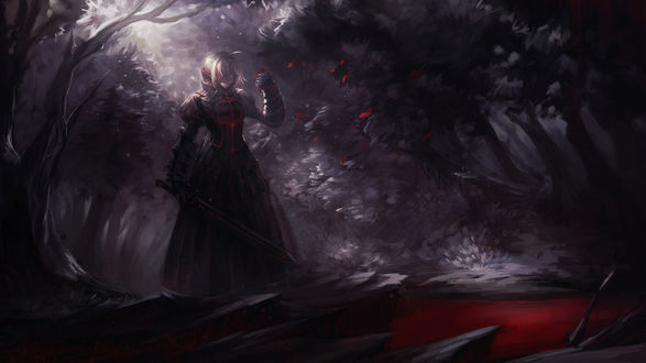 Обои на рабочий стол Сэйбер / Siber из аниме Судьба: Ночь Схватки / Fate Stay Night с мечом в руках стоит среди деревьев, сжимая в руке падающие лепестки