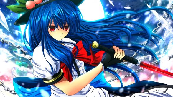 Обои на рабочий стол Тэнси Хинанави / Tenshi Hinanawi из Тохо / Touhou Project с катаной на фоне полной луны и цепей