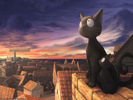 Обои на рабочий стол Черная кошка и котенок Jiji сидят на крыше дома из аниме Kikis delivery service / Ведьмина служба доставки
