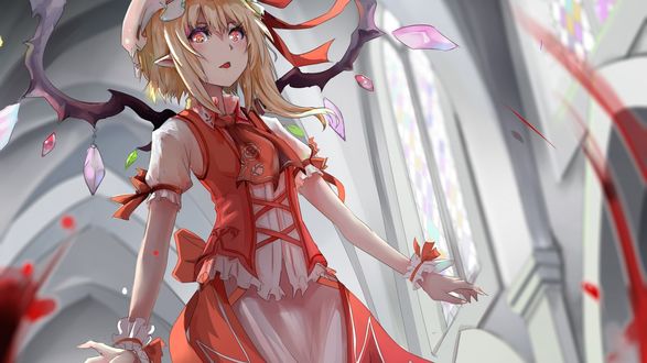Обои на рабочий стол Фландре Скарлет / Flandre Scarlet из игры Тохо / Проект Восток / Touhou Project в помещении с крыльями удивленно смотрит вперед на фоне красных лепестков