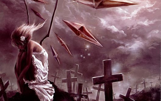Обои на рабочий стол Flandre Scarlet / Фландре Скарлет в белом платье сидит на могиле в окружение крестов, арт по мотивам серии игр Тохо / Touhou Project