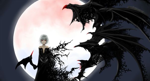 Обои на рабочий стол Remilia Scarlet в черном платье с крыльями летучей мыши и красными глазами стоит на фоне полной Луны Touhou Project / Проект Восток