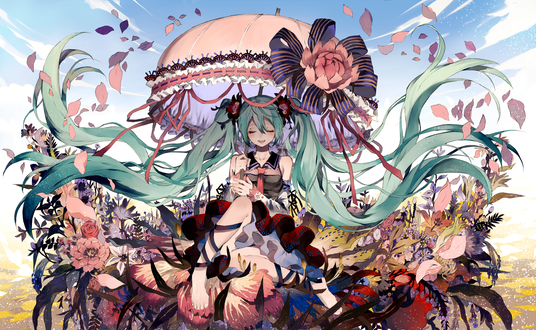 Обои на рабочий стол Vocaloid Miku Hatsune / Вокалоид Мику Хатсуне с зонтом в руках сидит на цветах