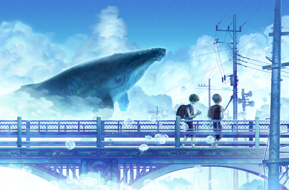 Обои для рабочего стола Два мальчика стоят на мосту на фоне неба, на котором виден кит, в воздухе плавают медузы