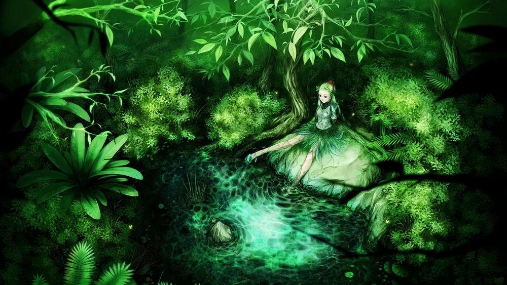Обои для рабочего стола Нежная лесная фея в платье, подол которого состоит из зеленых листьев, сидящая на камне, опустила ноги в водоем в окружении ярко-зеленых кустарников и деревьев