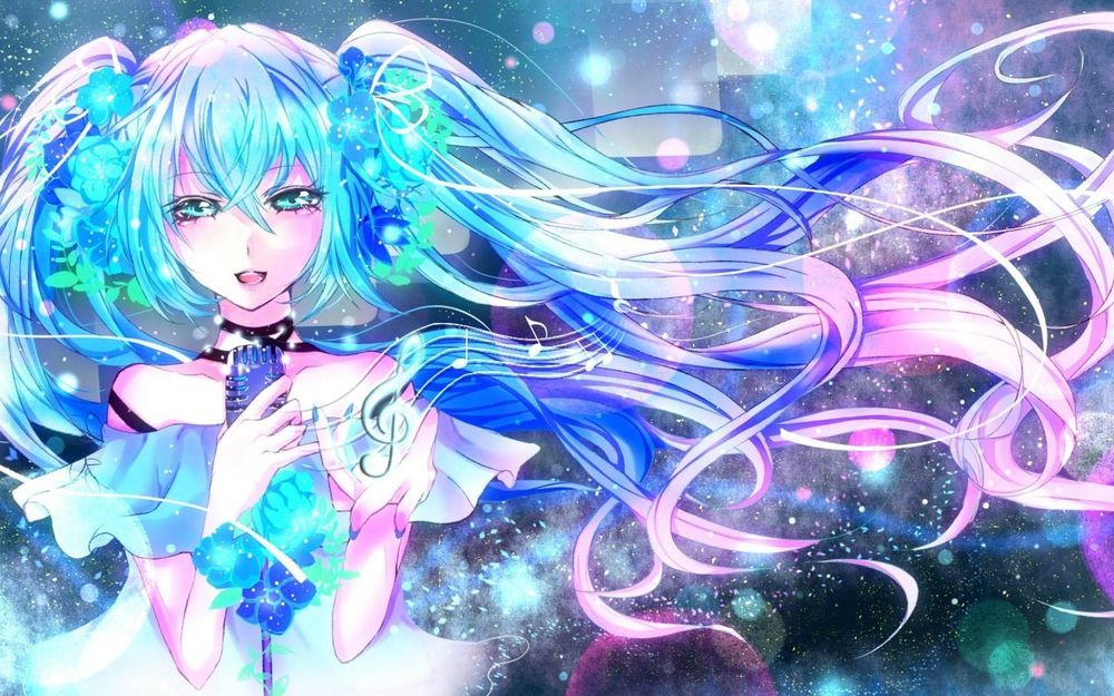 Обои для рабочего стола Vocaloid Hatsune Miku / Вокалоид Хатсуне Мику с цветами в волосах поет, держа в руке микрофон, из которого появляются ноты