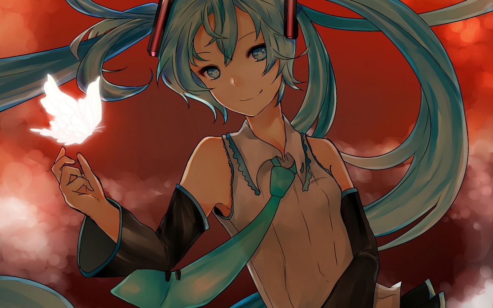 Обои для рабочего стола Улыбающаяся Vocaloid Hatsune Miku / Вокалоид Хатсуне Мику подняла вверх руку, на кончике пальца которой сидит светящаяся бабочка