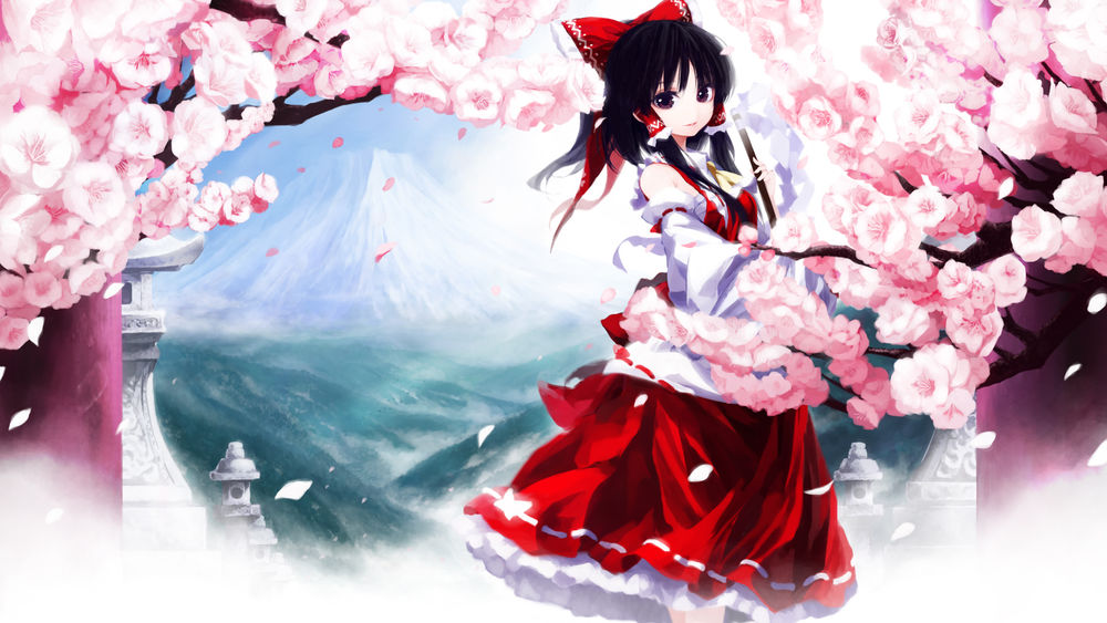 Обои для рабочего стола Рэйму Хакурэй / Reimu Hakurei из серии игр и аниме Тохо / Touhou Project стоит среди цветущей сакуры на фоне гор в тумане