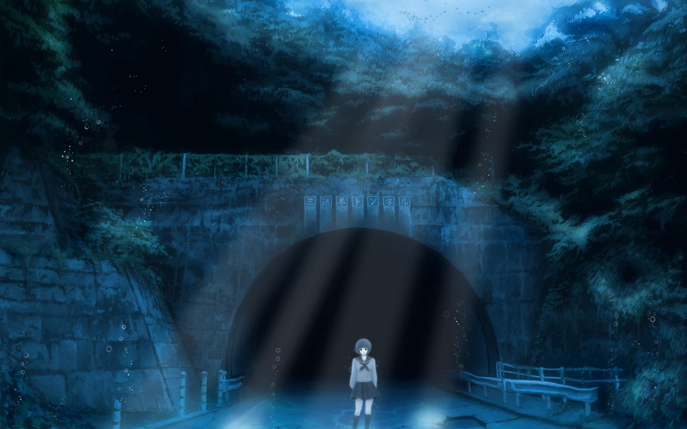 Обои для рабочего стола Девушка в школьной форме, находящаяся под водой, стоит на дороге около туннеля в лучах света