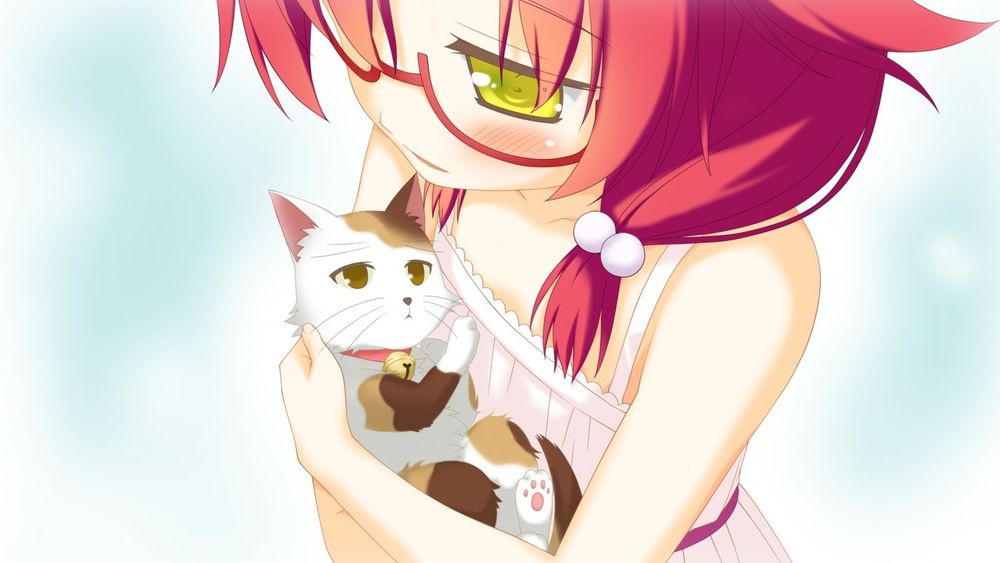 Обои для рабочего стола Девушка с красными волосами в очках держит в руках пятнистого котенка