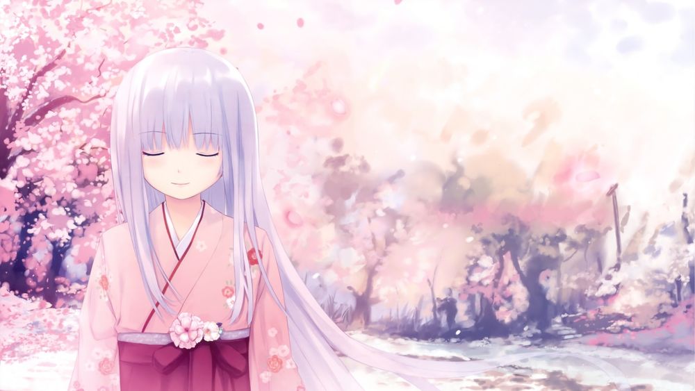 Обои для рабочего стола Девушка с длинными волосами в кимоно стоит с закрытыми глазами на фоне деревьев сакуры