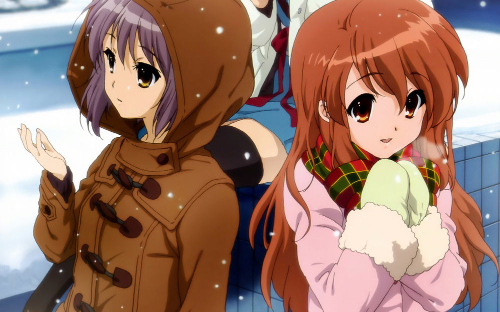 Обои для рабочего стола Юки Нагато / Nagato Yuki и Микуру Асахина / Asahina Mikuru из аниме Меланхолия Харухи Судзумии зимой смотрят на падающий снег